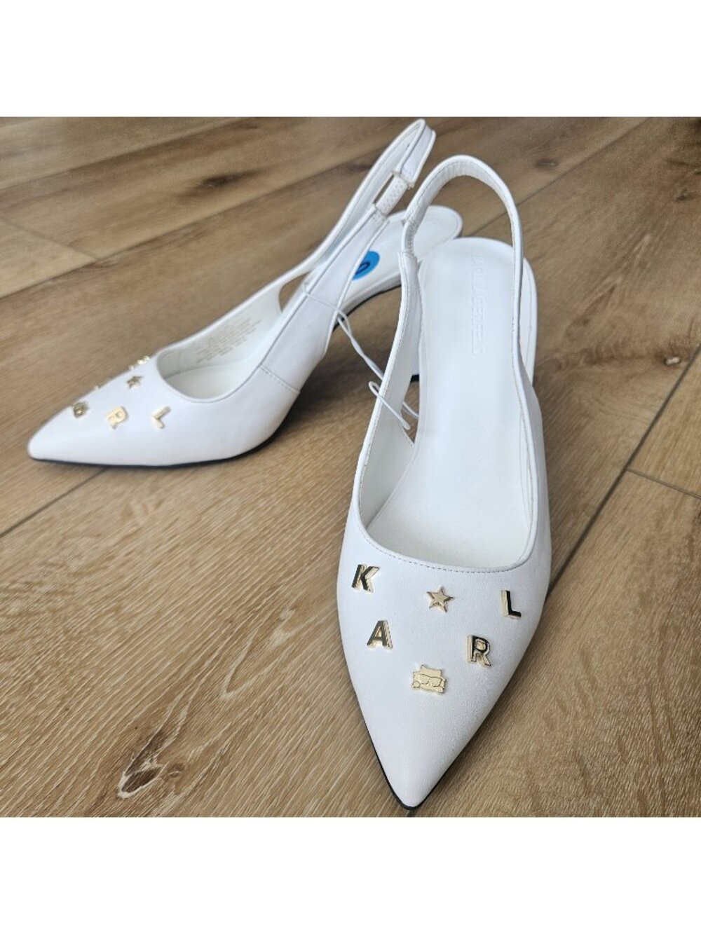 Karl Lagerfeld Paris Radella Womens White Slingback Heels Size 10 Gold Stud New